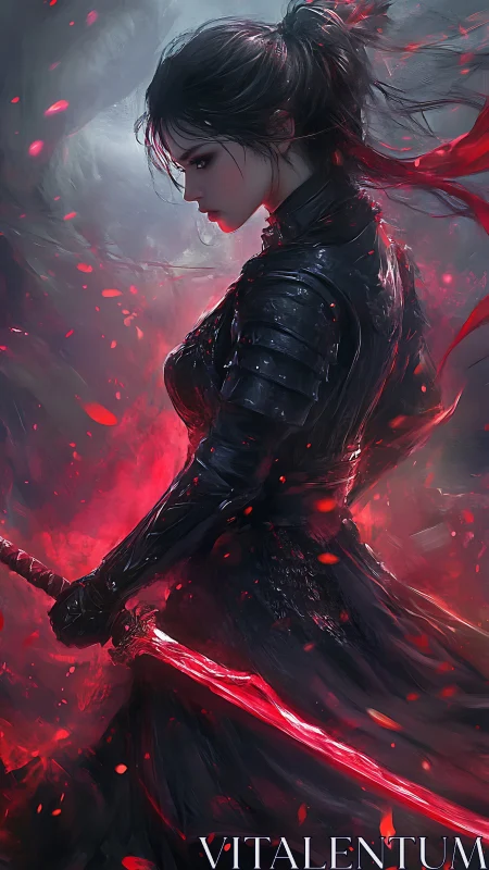 Crimson energy swordswoman in dark tactical armor profile.