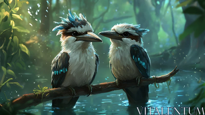 Two colorful kingfishers on a branch in a lush digital forest scene.