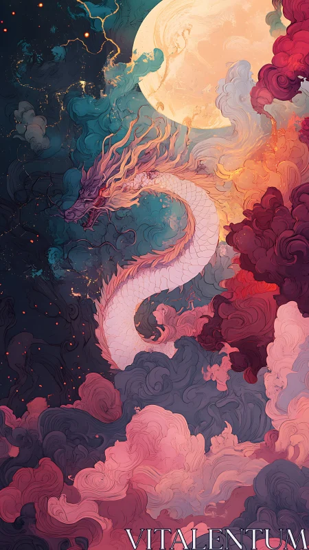 Luminous serpentine dragon coils through chromatic cloud strata under moon