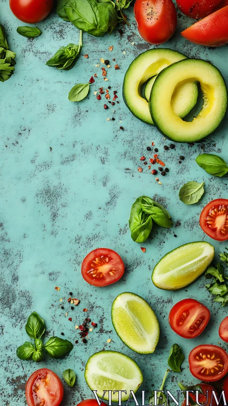 Fresh tomatoes, avocado and herbs frame rustic teal board.