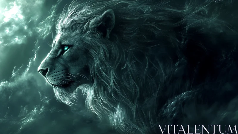 Mythic teal lion profile glows through storm clouds.