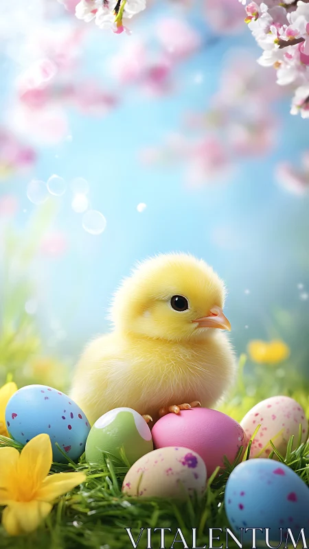 Yellow chick among colored eggs in spring setting.