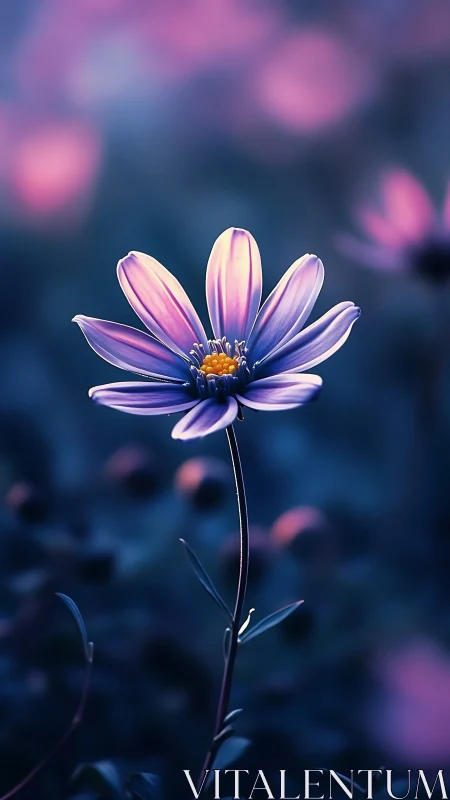 Soft purple wildflower glowing in dreamy evening light.