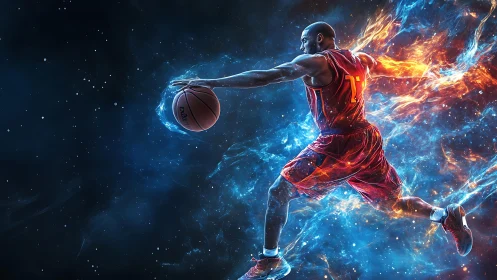 Flaming cosmic basketball dunk rendered in digital energy art.