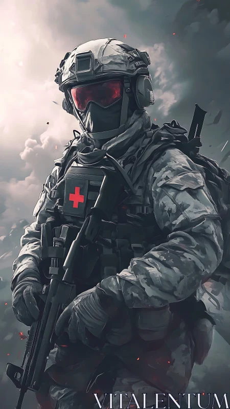 Armored combat medic in stormlit battlefield haze.