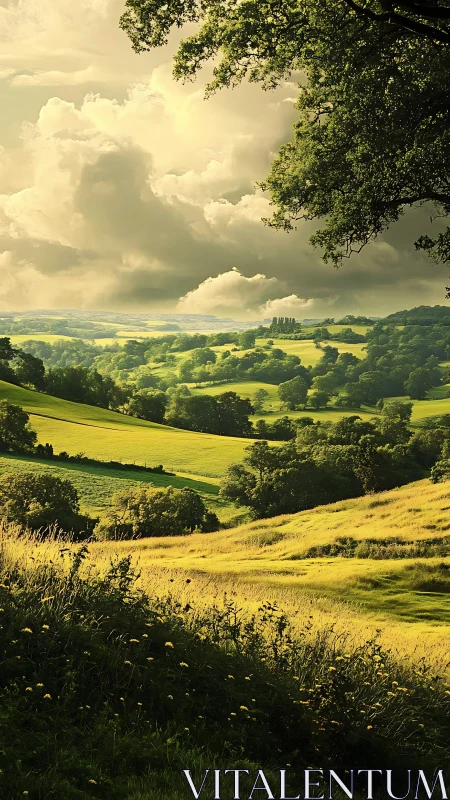 Sunlit rolling countryside beneath towering summer clouds.