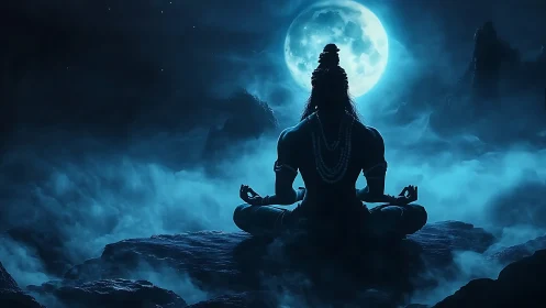 Moon-drenched yogi silhouette breathing stillness into night.