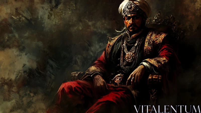 Imperial sultan portrait in jeweled red robes on throne.