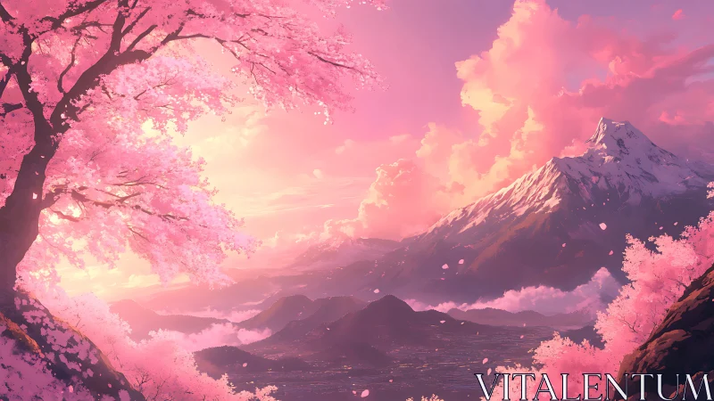 Sakura valley at sunrise with glowing alpine ridge and clouds.