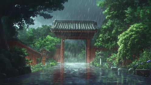 Rain-soaked temple gate reflects lush foliage in soft backlight