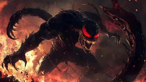 Ferocious black monster with red eyes amid raging fire.