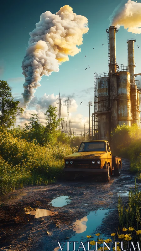 Rusting truck stands before emitting industrial facility