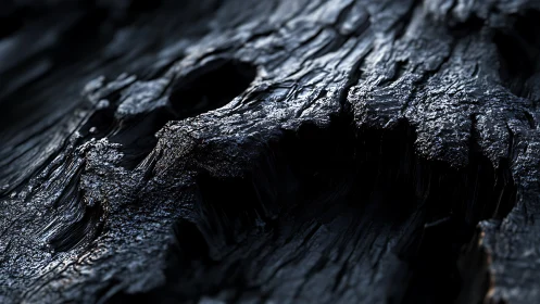 Charred wood macro revealing molten textures and glossed grain.