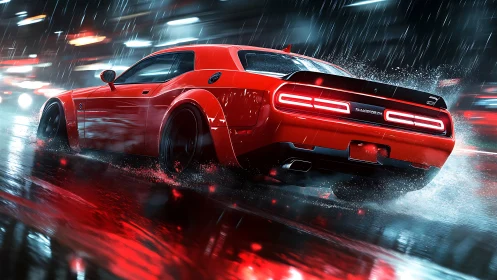 Red widebody muscle car drifting on wet neon city street