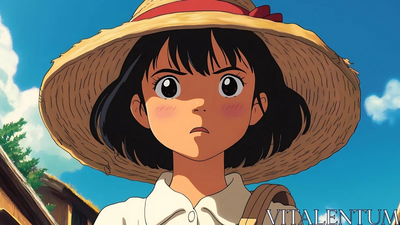 Anime portrait of girl in straw hat under clear daylight sky.