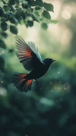 Dark songbird with ember wings in soft forest light.