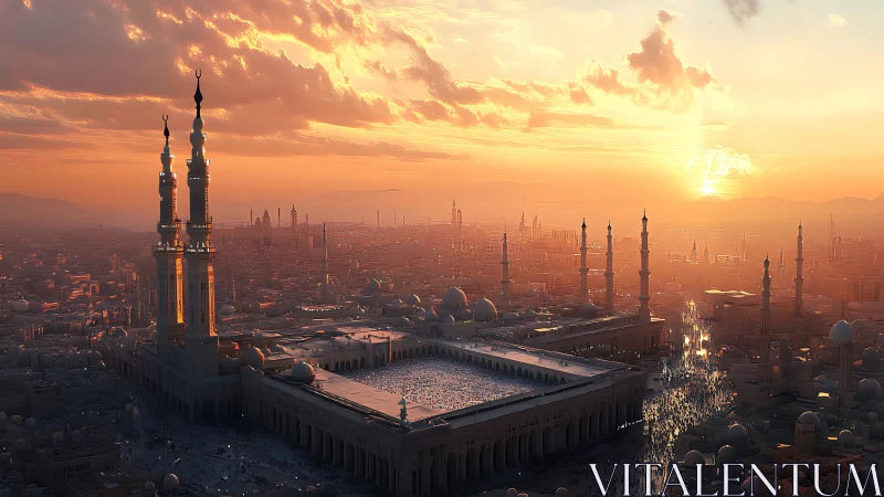 Grand mosque cityscape glows under dense golden sunset sky