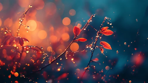 Glowing raindrops illuminate red leaves against teal dusk
