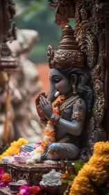 Intricately carved Ganesh idol in devotional setup with floral offerings