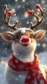 Rendered reindeer character displays red nose and scarf in snow