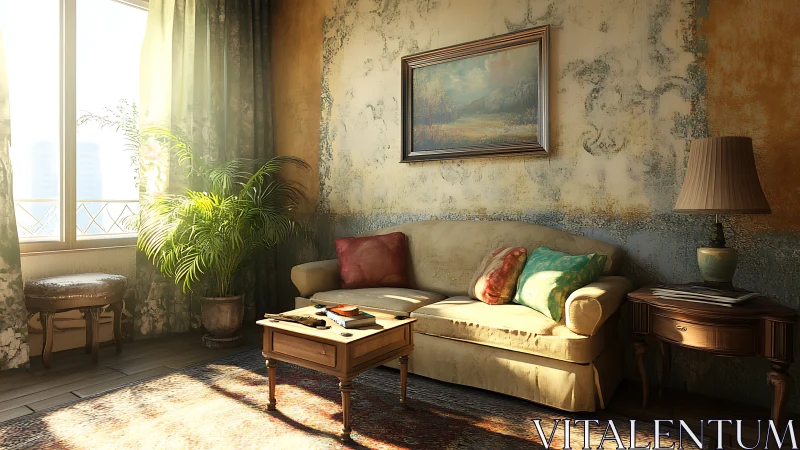 Sunlit vintage living room with worn textured walls and sofa