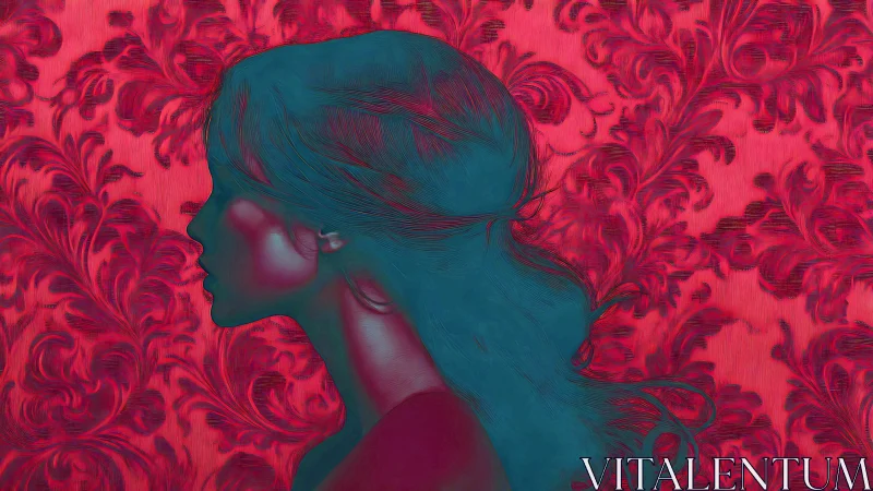 Profile portrait merges teal silhouette with ornate red damask