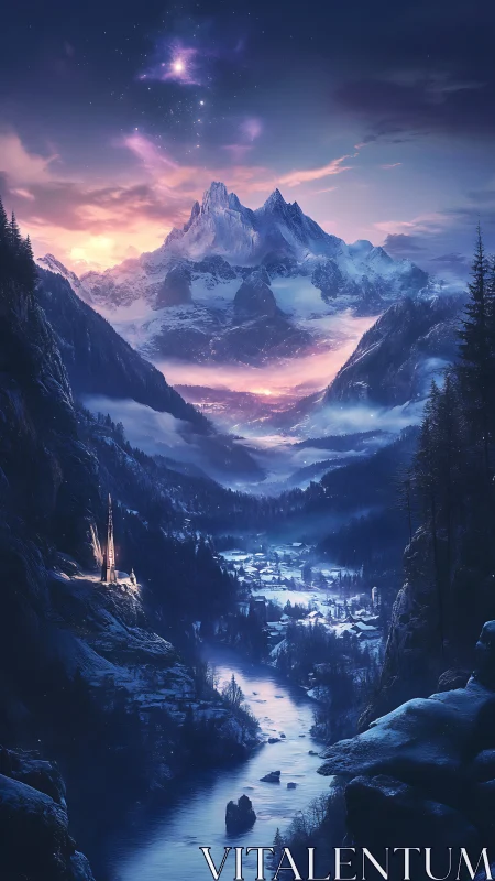 Starlit mountain valley glows gently above a quiet river
