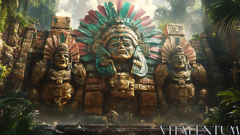 Stone monumental figures stand before dense jungle vegetation