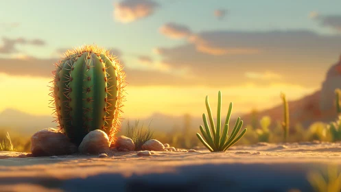 Gentle desert sunrise with glowing cactus and soft sands.