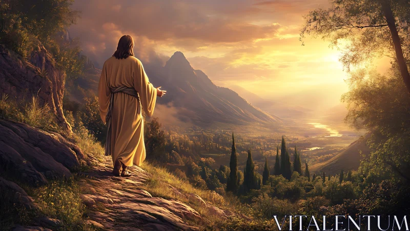 Robe-clad wanderer greeting a sunrise-drenched valley path.