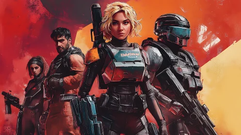 Tactical sci fi strike team in modular exosuit armor formation.