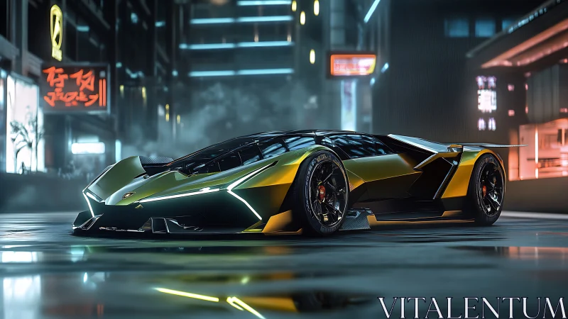 Low-slung cyberpunk hypercar in neon-lit misty night city street
