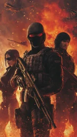 Elite tactical squad advancing through burning warzone.