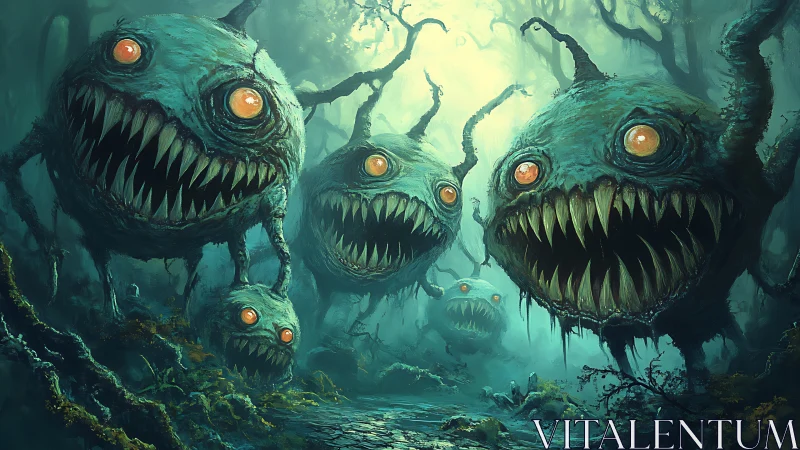 Floating swamp monsters advance through a misty haunted forest