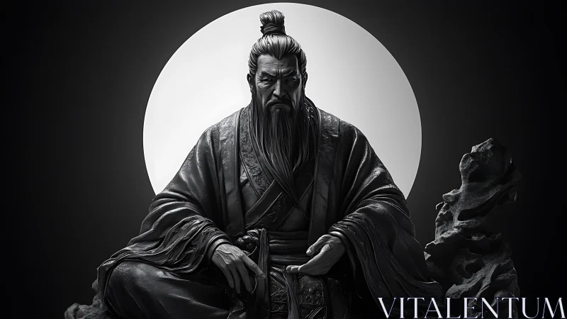 Moonlit sage in flowing robes holding calm within shadows.