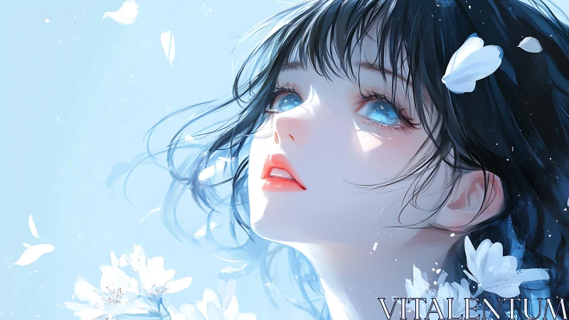 Ethereal blue portrait of girl with luminous eyes and petals.