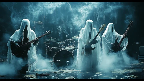 Ghostly rock band performs on smoke filled spectral stage
