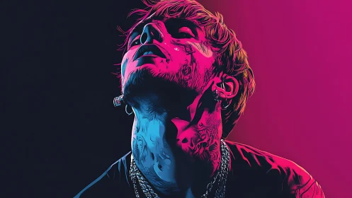 Profile portrait of tattooed person in pink blue lighting.