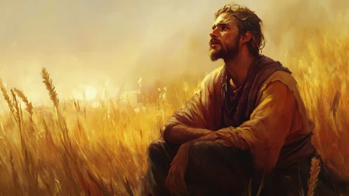 Man sits in golden wheat field under soft hazy sunlight