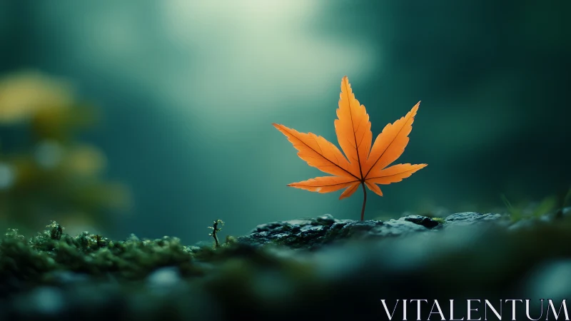 Amber maple leaf on mossy stone in cinematic soft bokeh field.