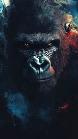 Primal gorilla portrait in high-contrast teal and ember hues.