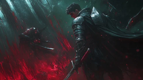 Dark armored swordsman faces demonic beast in red storm.