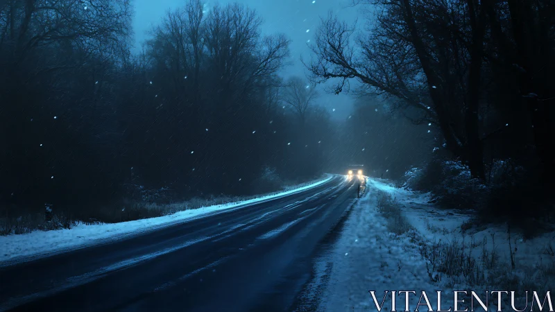 Car headlights cut through snowy forest road at night
