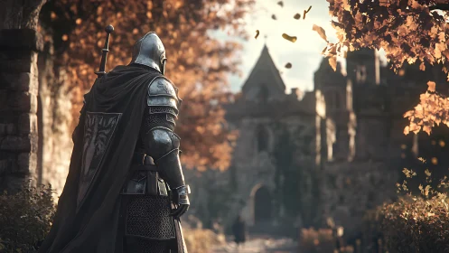 Quietly armored knight pauses before a sunlit autumn castle