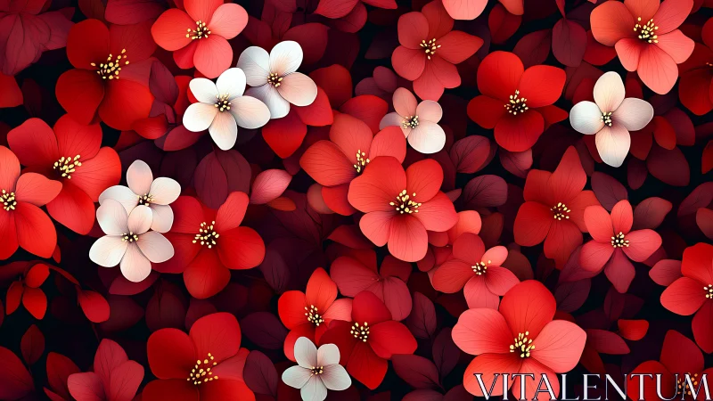 Red and White Floral Composition With Golden Stamens.