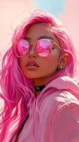 Pink-haired woman in mirrored sunglasses under pastel sky