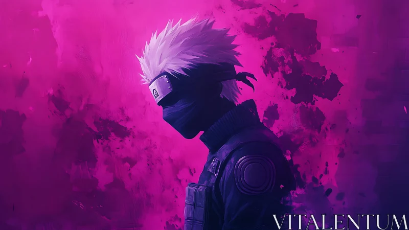 Calm masked ninja in glowing pink and purple shadows.