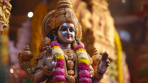 Ornate Hindu deity statue is shown with flower garlands