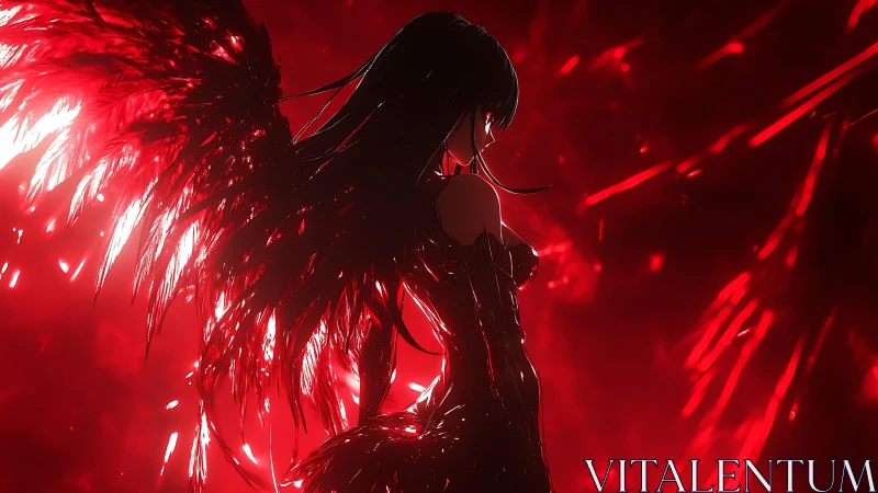 Dark winged anime figure stands in crimson backlight