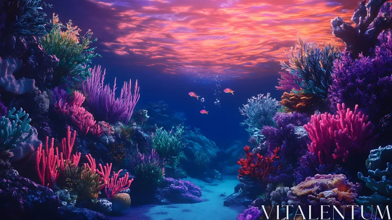 Glowing coral reef haven with playful fish in sunset light.